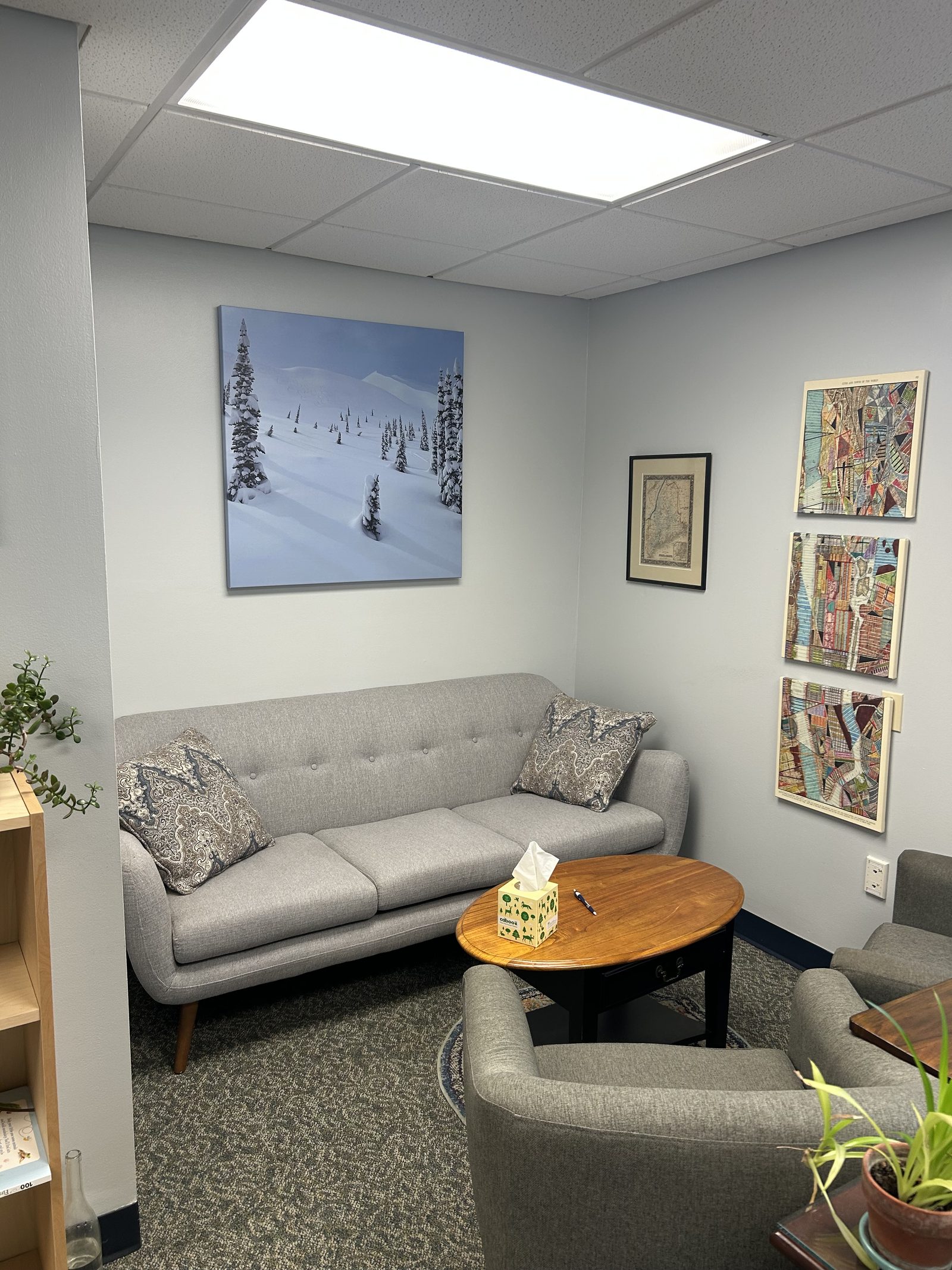 The waiting area at Winter Pine Direct Primary Care, with the British Columbia canvas print that inspired the practice name